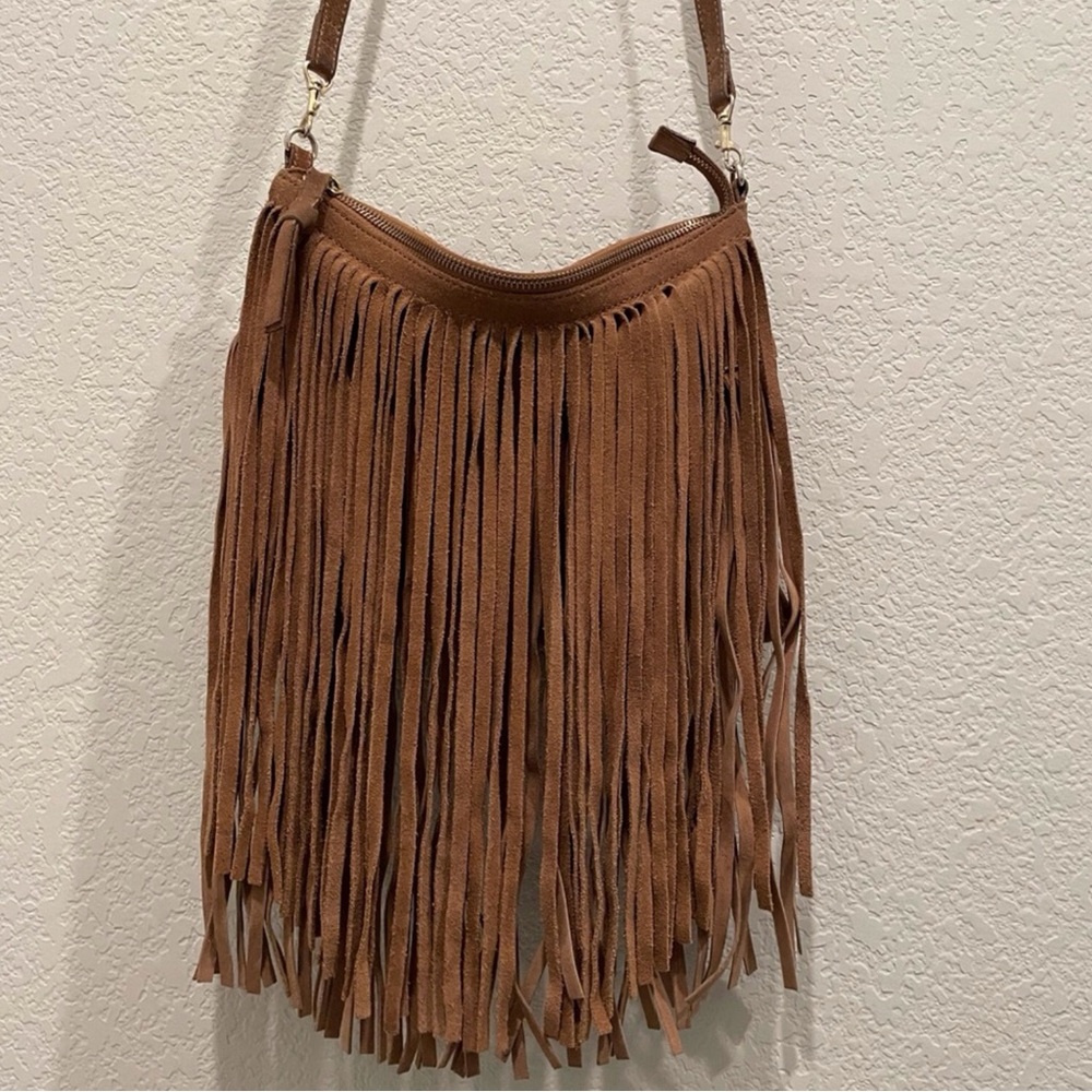 Chico’s Collection Camel Brown Suede Crossbody Bag w/ Fringe
